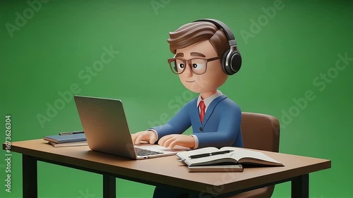 Animated Professional Working on Laptop with Headphones, Green Screen