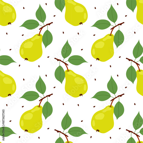 Pattern with ripe pears and seeds on white background. For packaging, wallpapers, textiles, postcards or covers.