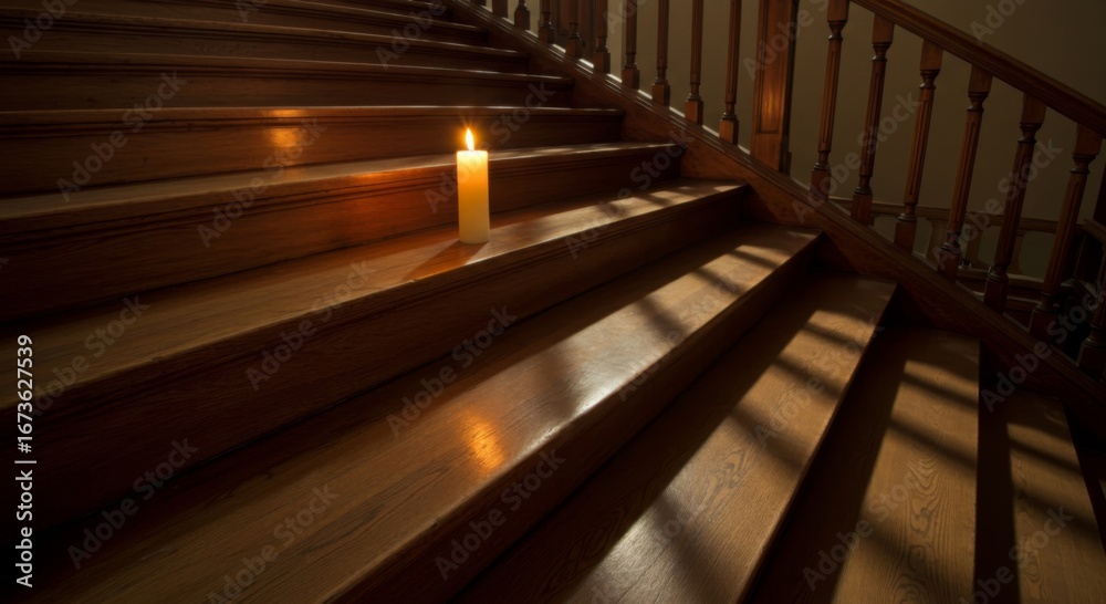 Obraz premium Single Candle on Wooden Staircase in Low Light