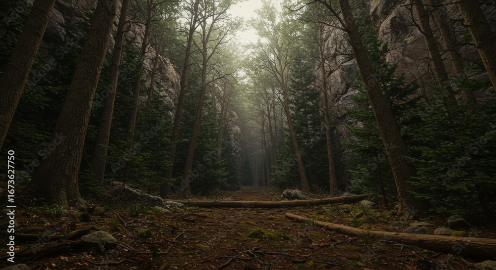 Obraz premium Sunlit Path Through a Dark Forest