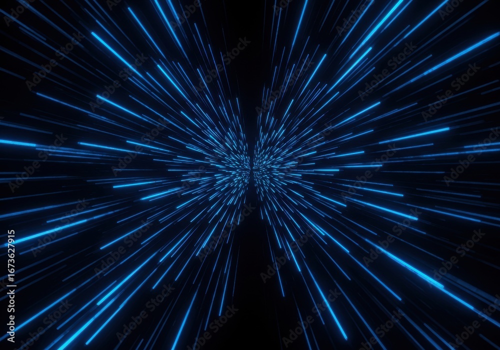 Obraz premium Blue light streaks emanating from a central point in darkness lines abstract