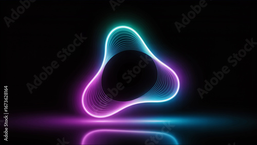  technolog Background, Abstract Glowing Neon Wave Triangle Shape on Dark Background, Abstract technology conсept of purple and blue neon gradient 3d lines. Glowing futuristic waves,  