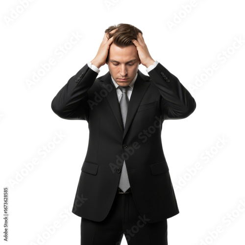 Young man in black suit with hands on head, expression of anger and sadness, on white background