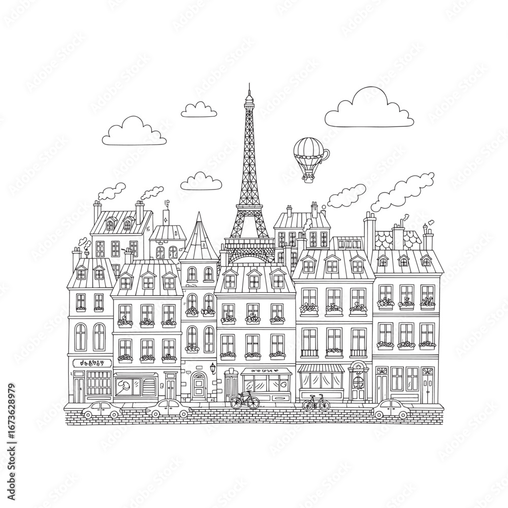 Fototapeta premium Paris Cityscape Coloring Page with Eiffel Tower. Cute cartoon illustration of French houses for kids' activity book. 