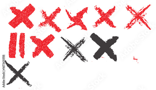 A collection of ten abstract X marks and two parallel lines, rendered with a textured, brushstroke effect in red and black on a white background.