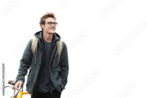 Smiling man with his bicycle and backpack, representing urban commuting and sustainable lifestyle.