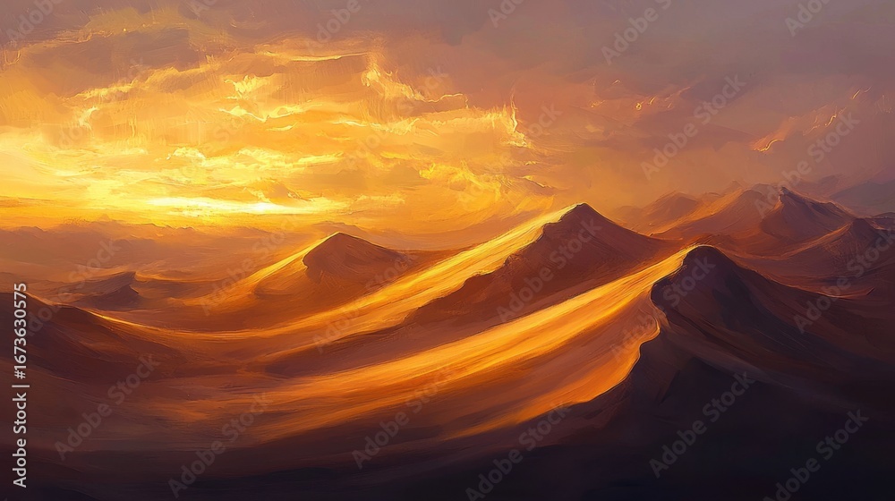Naklejka premium Desert dunes illuminated by the golden hues of sunrise against a dramatic sky filled with clouds and warm colors