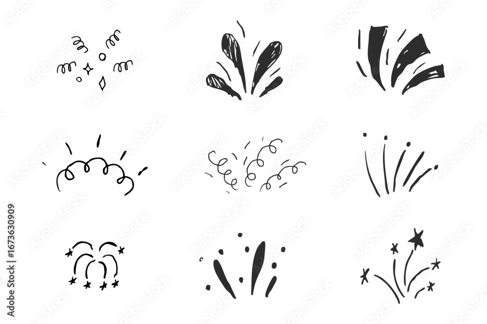 Fototapeta premium Confetti spark firework burst comic explosion sketch hand drawn. Doodle line spark party celebration. Radial japan minimal set.