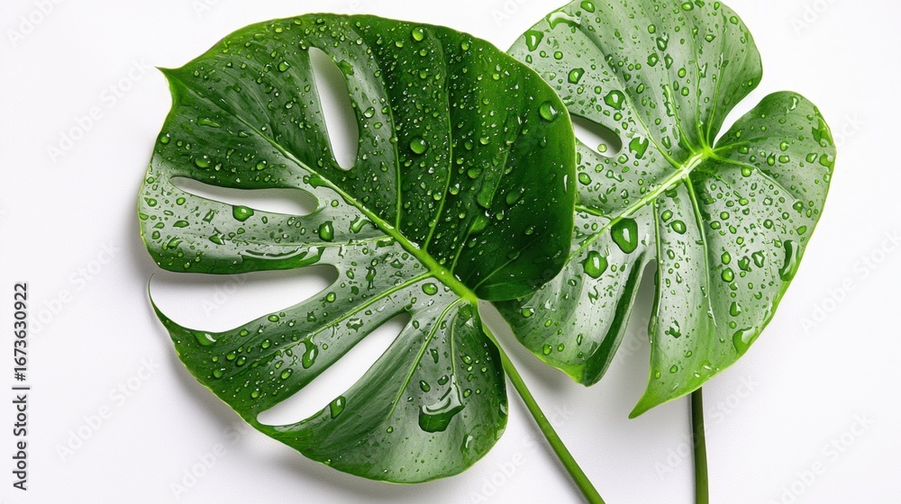 Obraz premium Glorious green leaves with water drops shining in the sunlight against a simple background, showcasing nature's beauty and freshness after rain