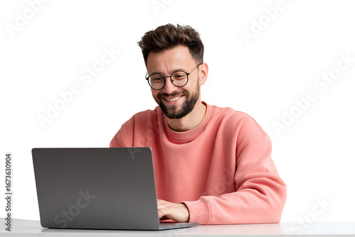 Smiling man working remotely or studying online.