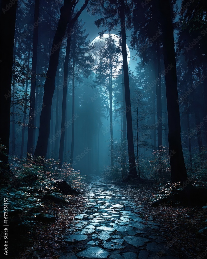 Naklejka premium Dark forest with full moon on Halloween night