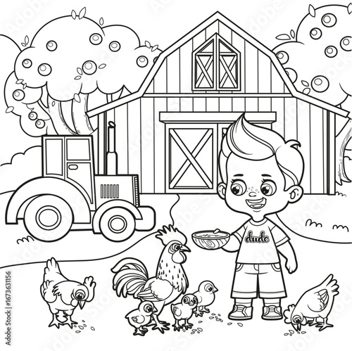 Cute cartoon boy feeds feeds chickens and chicks with grains from a bowl on a farm background with large barn and tractor