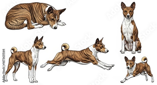 Basenji dog illustrations showing various poses and expressions  