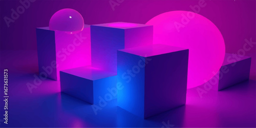 Abstract purple background with geometric 3D cubes and blue reflection, a modern tech illustration