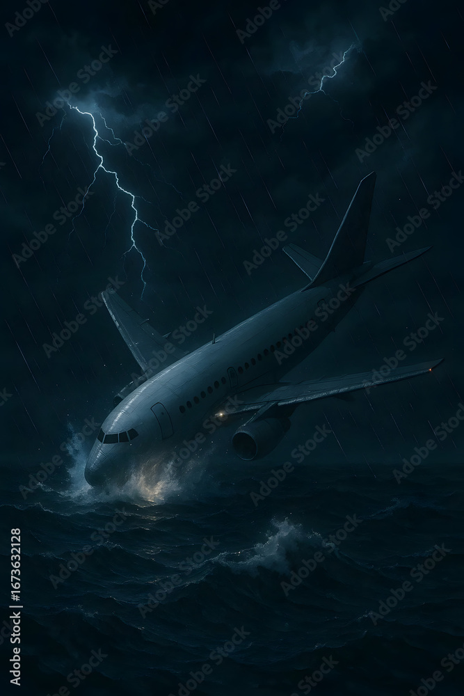 Fototapeta premium Dramatic plane crash in ocean during thunderstorm at night with lightning strikes