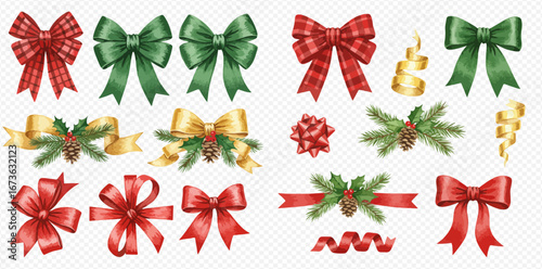 A festive collection of watercolor Christmas bows, ribbons, and evergreen decorations in red, green, and gold.