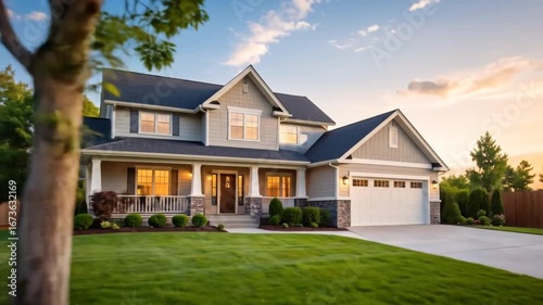 Beige Two Story House with Dark Roof and Lush Green Lawn at Dusk with Tree and Blue Sky