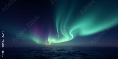 A dark night sky with bright stars, colorful aurora borealis, and abstract clouds over a tranquil sea