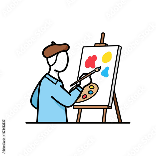 Cartoon Artist Painting on Canvas with Brush