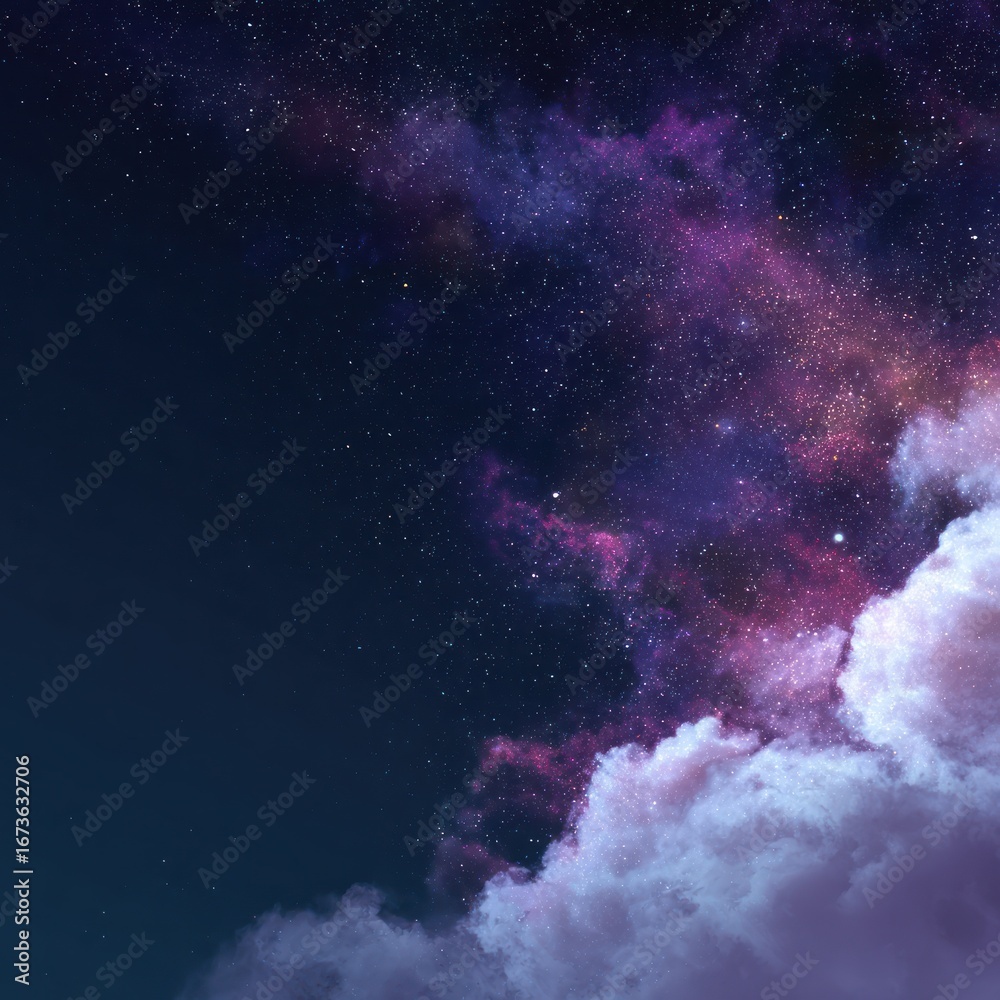 Fototapeta premium Starry night cloudscapes. Vast cosmic clouds, swirling nebulas, and distant stars