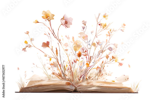 Open book with flowers springing forth, symbolizing imagination and knowledge.
