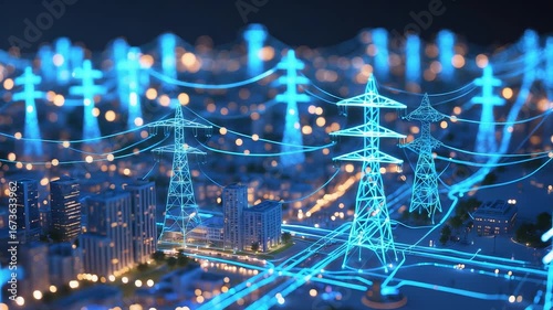 Glowing digital power grid network with illuminated transmission towers and electric wires connecting modern city infrastructure at night energy flow