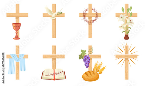 Eight wooden crosses: dove, crown of thorns, lily, chalice, cloth, bible, grapes, wheat