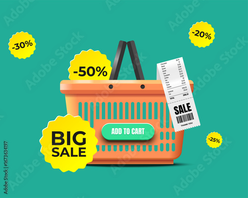 Shopping basket with sale discounts and add to cart button on green background