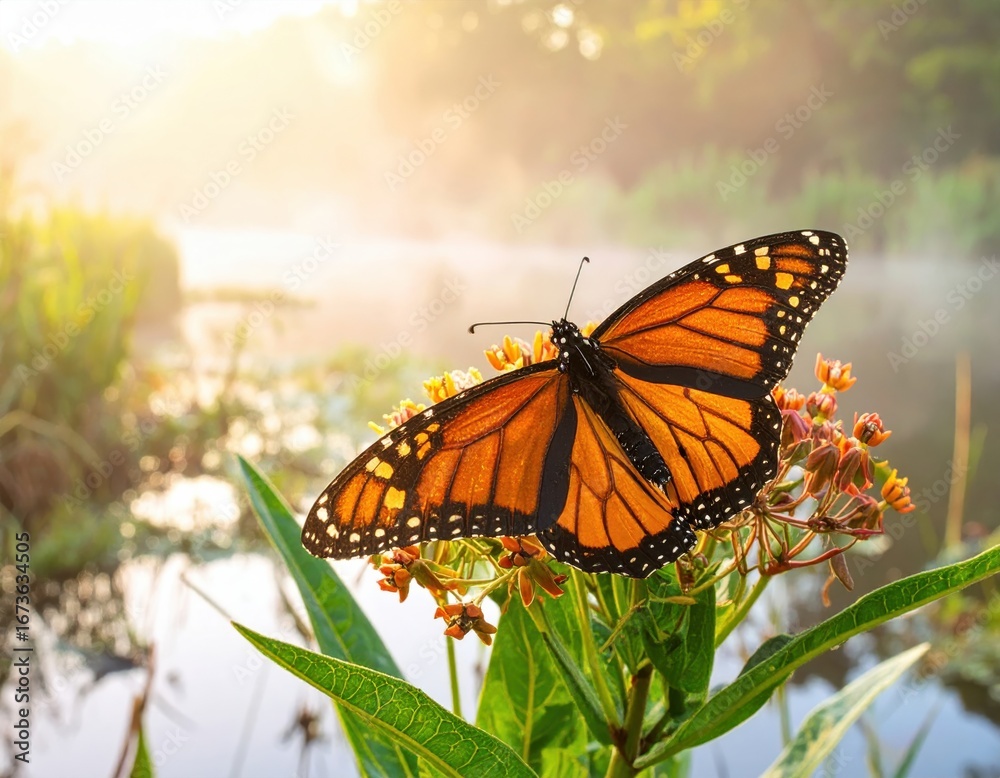 Obraz premium Monarch Butterfly on Milkweed in Morning Light