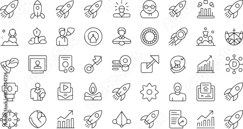 Collection of icons representing business growth, innovation, startups, and technological advancements