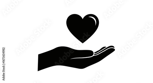 Black silhouette of an open hand presenting a heart icon, symbolizing love, care, and giving.