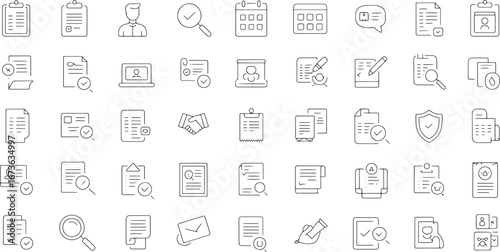 Detailed outline icons for essential business operations, document management, administrative tasks, and digital communication, suitable for modern interfaces