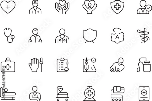 Medical and healthcare services thin line icon set. Vector symbols collection of doctor, hospital, patient care, and emergency concepts for graphic design