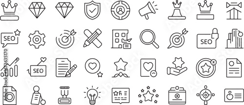 Modern thin line vector icon set for business, marketing, and SEO, featuring symbols for quality, strategy, achievement, and customer ratings