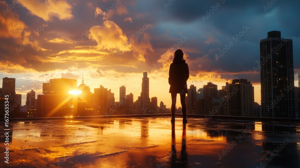 Fototapeta premium Rooftop silhouette during a stunning sunset over the city skyline with reflective puddles and dramatic clouds