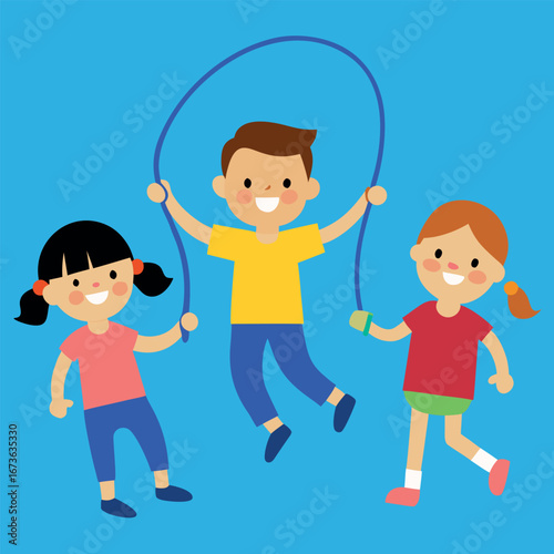 Diverse group of children joyfully playing jump rope outdoors