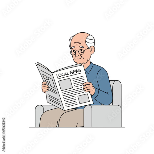 Elderly Man Reading Local News in Armchair Illustration