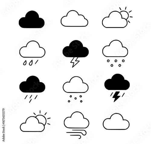 Sebuah set vektor ikon cuaca meteorologi berisi simbol awan, matahari, hujan, salju, dan angin