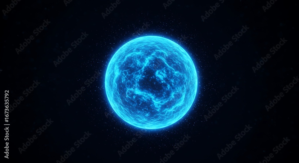 Fototapeta premium Captivating Blue Energy Sphere Illuminating the Dark Cosmic Expanse with Tiny Glowing Particles