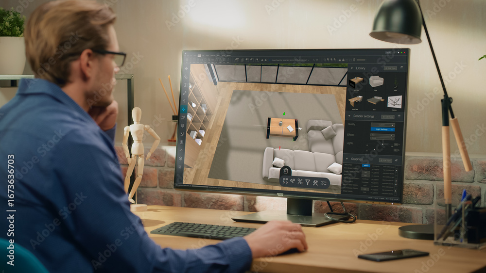 © Gorodenkoff - Male Interior Designer Using Professional 3D Modeling Software on a Computer to Create a Modern Living Room Layout with Sofa and a Table. Over the Shoulder Photo of a Creative Person at Work
