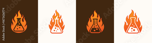 Flaming Lab Flask Logo Set Chemical Science and Heat Icons

