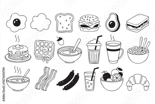 Healthy and Classic Breakfast Food Icons in Line Art
