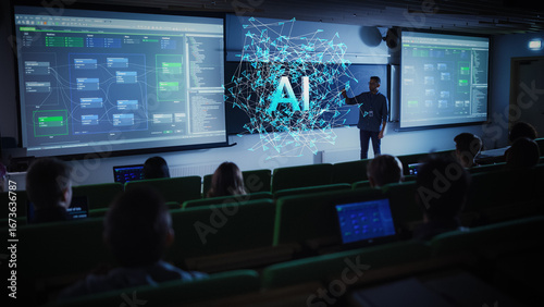 Wallpaper Mural Teacher Lectures on AI with Futuristic Holographic Interface and Data Visualization. Teaching Diverse Students in a Modern Classroom. Interactive Presentation Highlights Advanced Technology Topics Torontodigital.ca