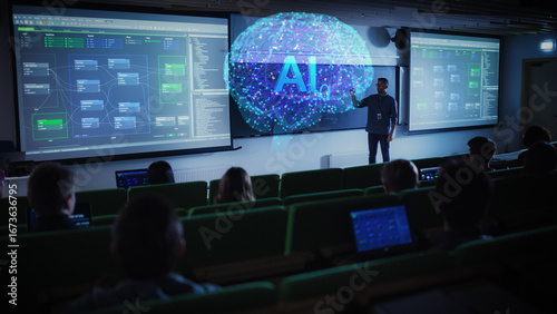 Male Teacher Using Augmented Reality Holographic Brain Visuals to Explain AI Technology, Cloud Computing and Big Data in a Classroom. Students Engage with Interactive Data on Laptop Computers