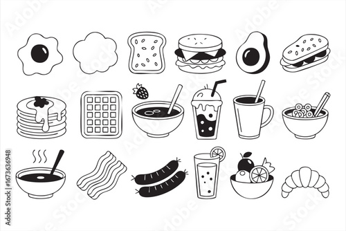 Breakfast Food Icons Set in Clean Line Vector Style