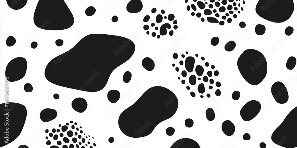 Fototapeta premium A seamless black and white abstract pattern resembling a spotted cow print or dalmatian dog fur. 