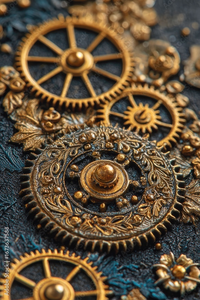 Obraz premium Close-up of intricate golden gears and floral embellishments on a dark background