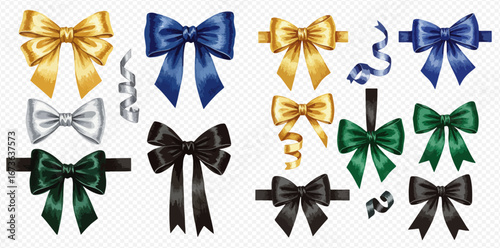 Collection of colorful satin ribbons tied into bows, including gold, blue, silver, green, and black, with some curling ribbon accents.