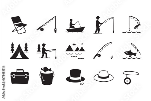 Outdoor Adventure Icons Featuring Anglers, Boats, and Gear