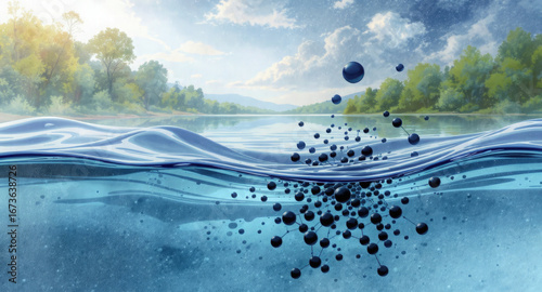Fresh water pollution in scenic pristine nature landscape. Black harmful PFC PFAS crude oil carbohydrate plastic molecules poisoning drinking water. Contamination river or lake by forever chemicals.
